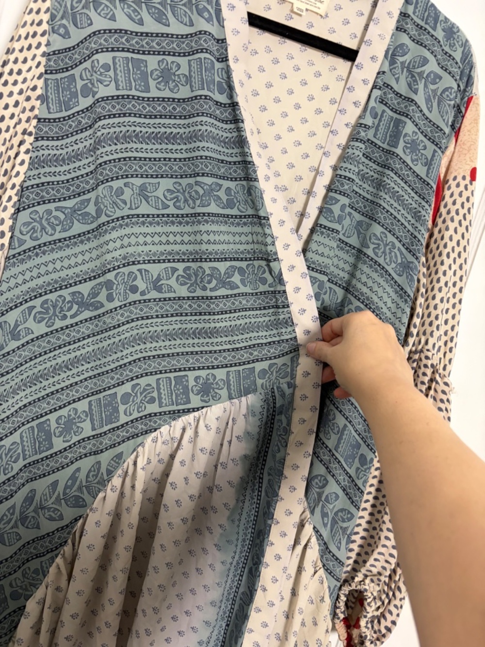 Kantha Bae Evermore Kimono Cream Blue Mixed Print Crepe Sari Long Duster - Picture 6 of 6